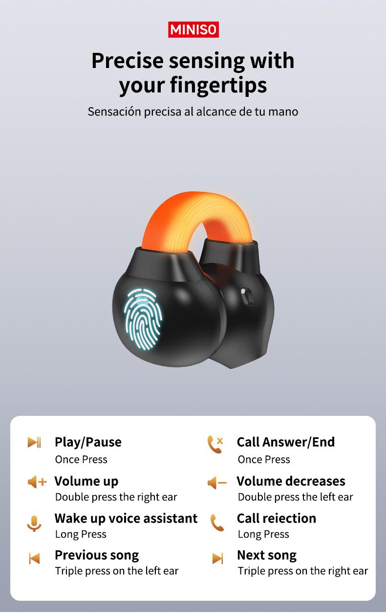 MINISO True Wireless Luminous Earphones MS191, Bluetooth 6.0 Open Earphones, Long Battery Life Wireless Ear Clip Earphones, Wireless Sports Earphones