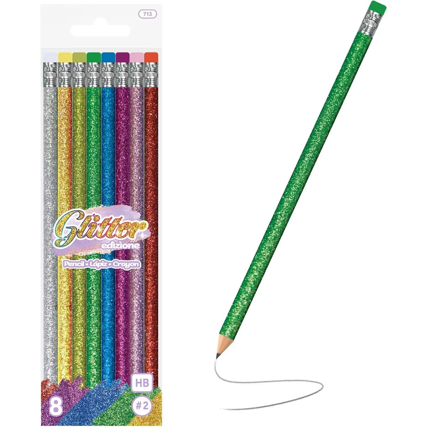 Metallic Glitter Barrel #2 HB Lead Pencils with Eraser Tops, 8 Count, Erase Easily, Fun Writing, Office Stationery for School Gifts, Party Favors