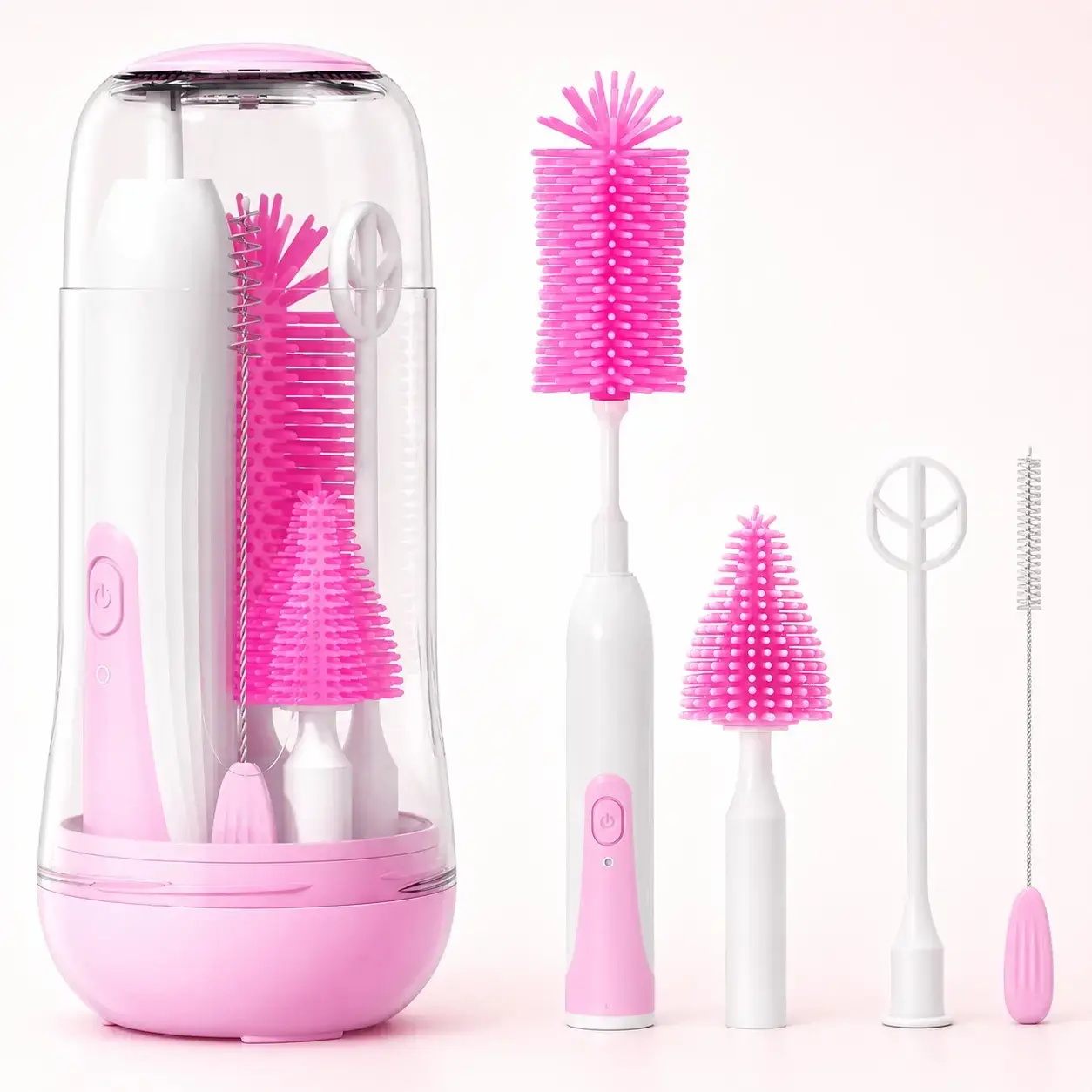 7-in-1 Electric Silicone Baby Bottle Brush Cleaner Kit - USB-C Rechargeable, Waterproof Food-Grade, Rotating Head, Nipple & Straw Brushes, Drying Rack, Travel Case for Home & On-the-Go Care Supplies,