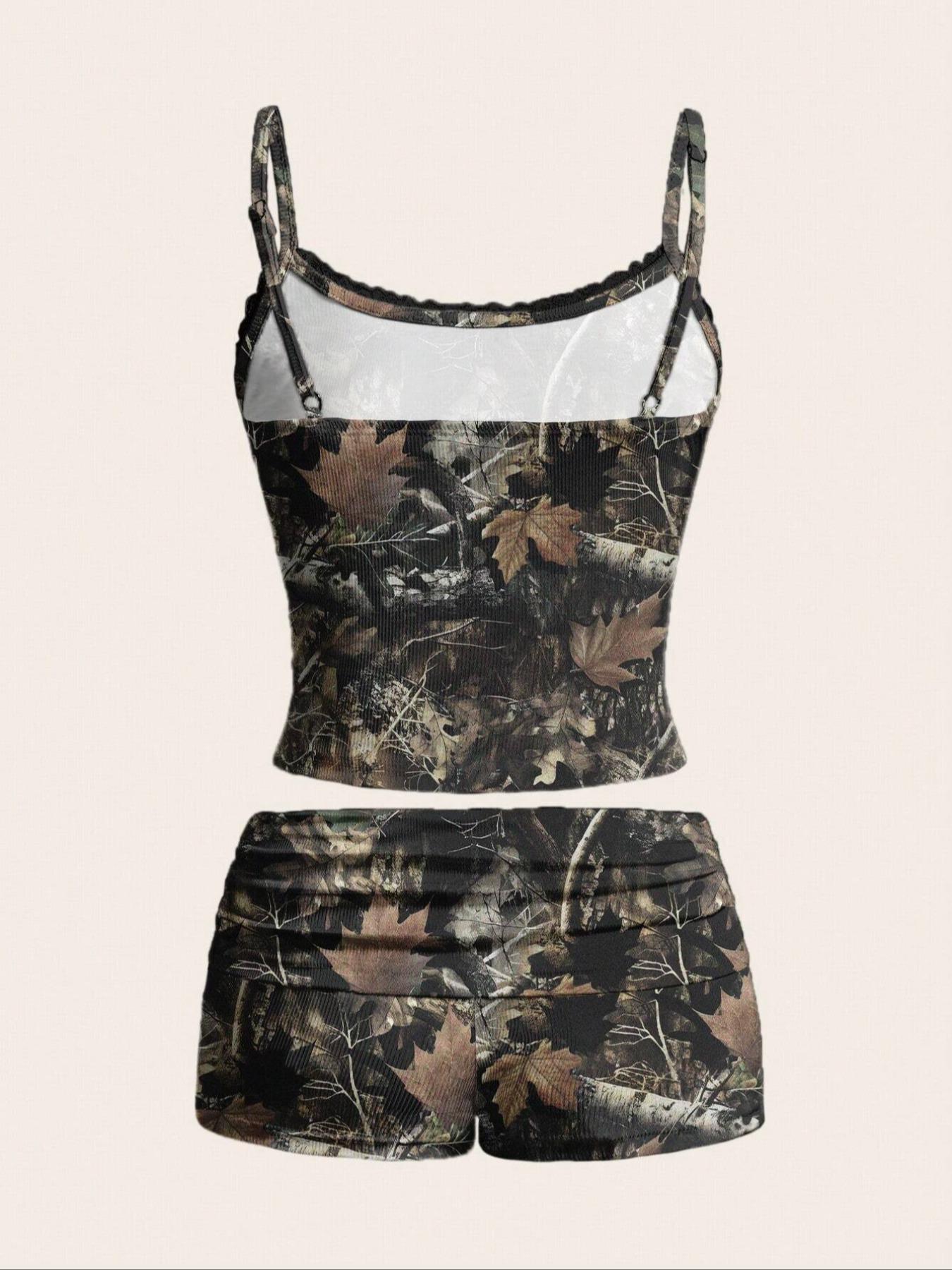 Women's Maple Leaf Print Camisoles & Shorts Two-piece Set, Casual Fashion Top & Shorts for Daily Outdoor Wear, Ladies Clothes for All Seasons, 2 Piece Sets Women, Matching Sets