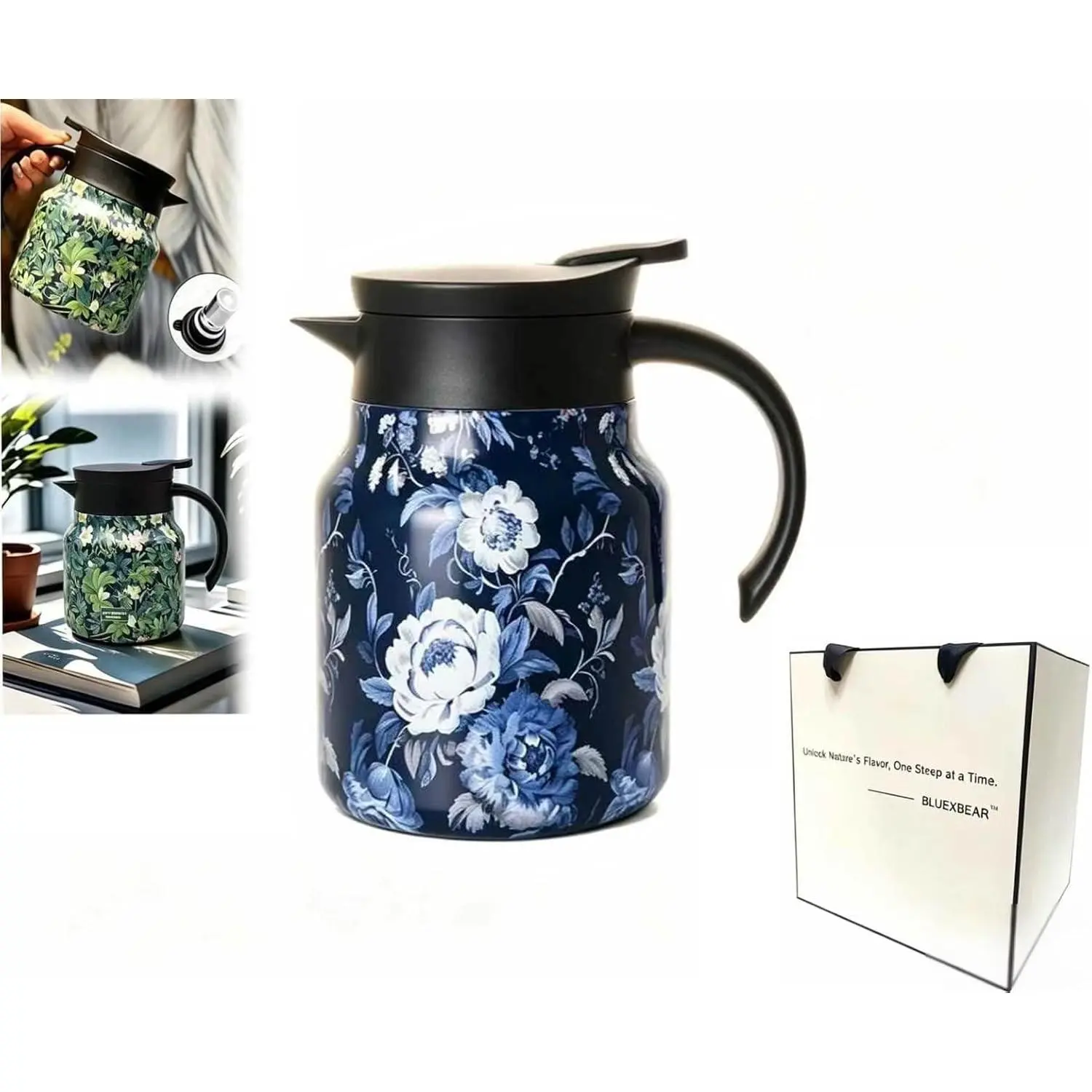 Vintage Floral Pattern Teapot with Infuser for Loose Tea, Stainless Steel Thermal Carafe with Lid for Hot Drinks, Blue with Plastic Handle