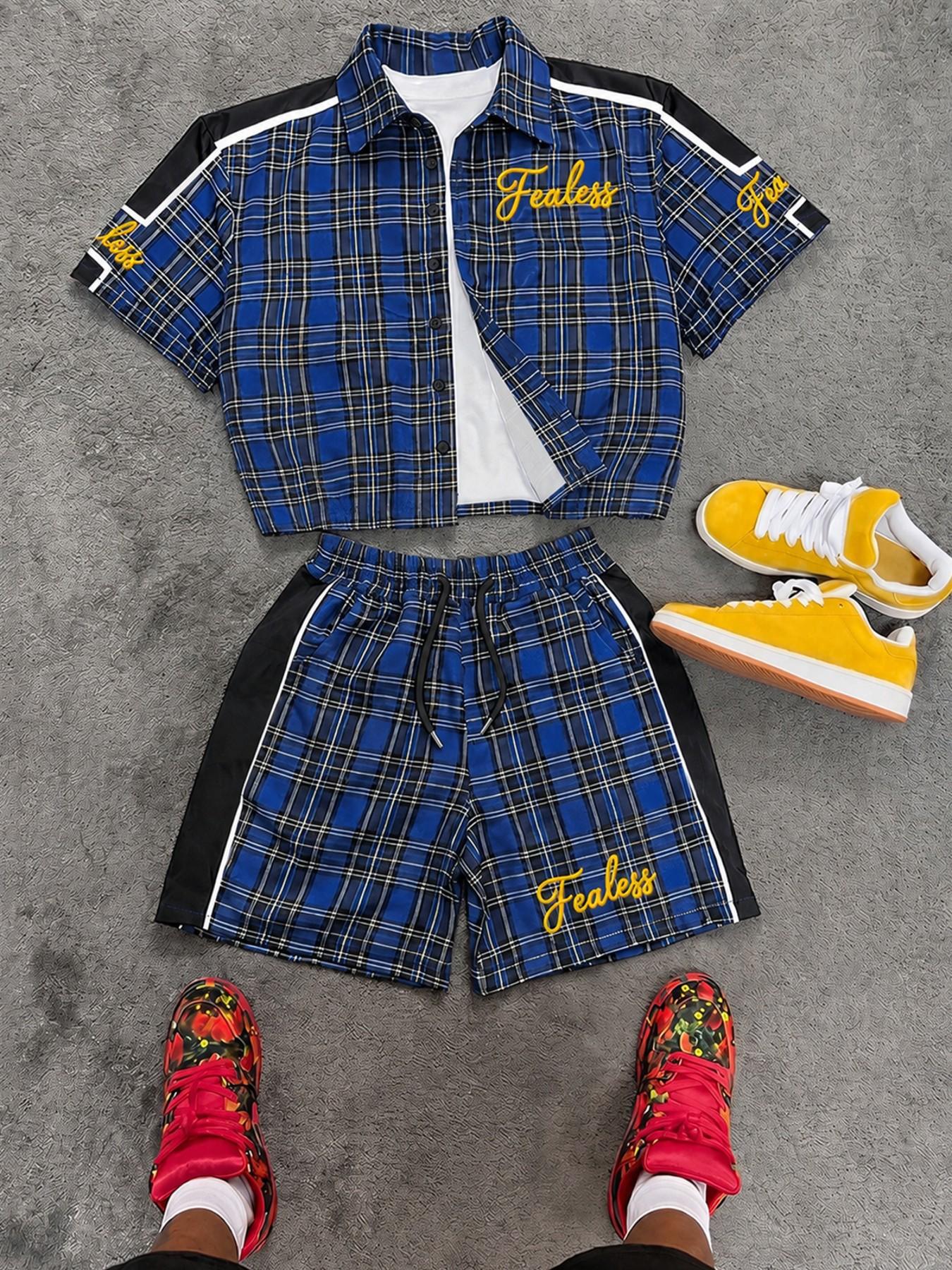Racing Core Vintage Men's Plaid Short Sleeve Shirt and Shorts Set Red Tartan Color Block Stripe Tracksuit Outfits with Fearless Embroidery for Summer Streetwear Festival