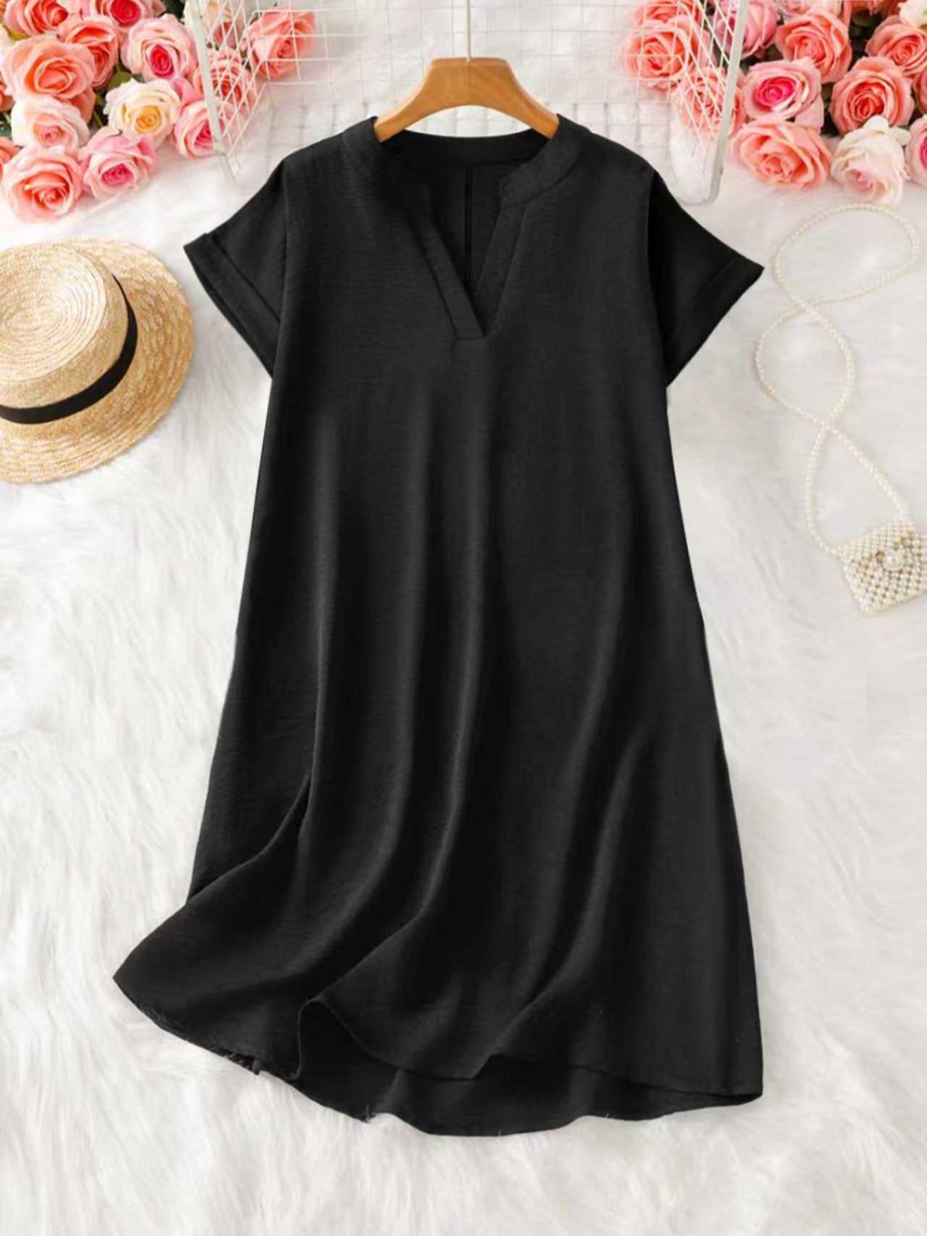 Women's Plain Notched-Neck Short Sleeve Midi Dress, Casual Chic Fashion Drop Shoulder A-Line Dress for Summer, Comfortable and Stylish Dress