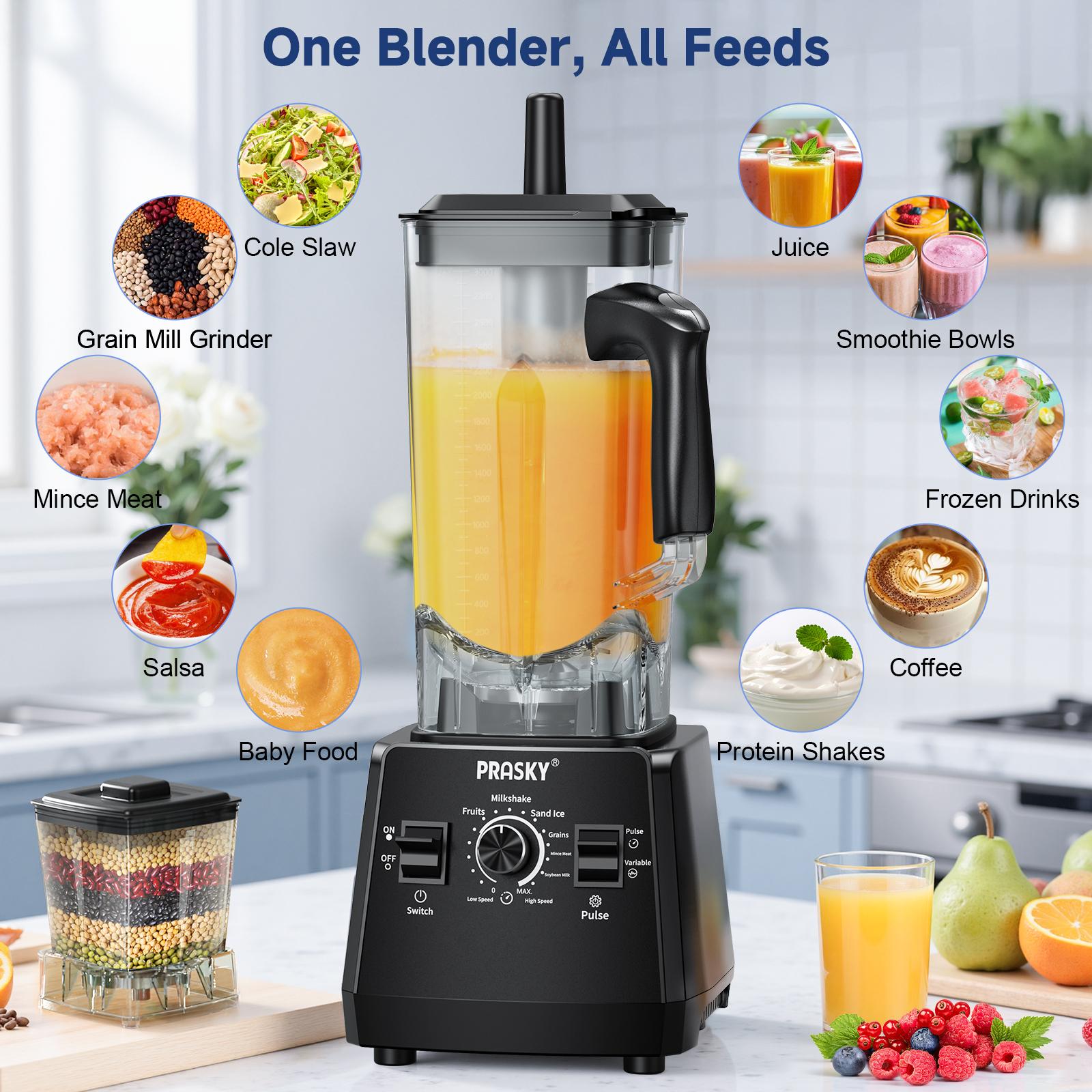 Prasky 102oz 2in1 Blender and Grinder for kitchen use, 2 Cups Large capacity Powerful Kitchen Blender 68oz BPA-Free 2 Containers Countertop Blenders, Crush Ice, Makes Sauces&Smoothie, Grinds Coffee& Spices - Ideal for Frozen drinks & daily blending needs