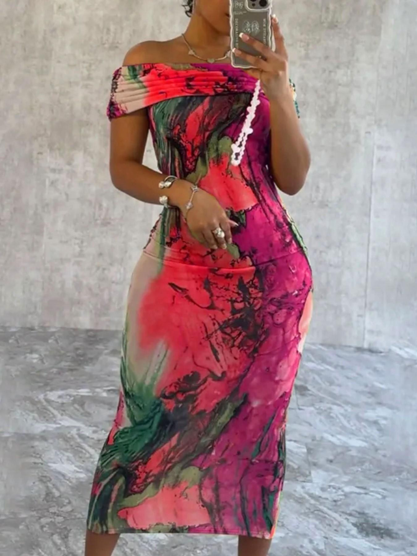 Plus Size Off Shoulder Bodycon Maxi Dress for Women – Elegant Chic Casual Printed Party Dress for Summer & Evening Outfits Elegance
