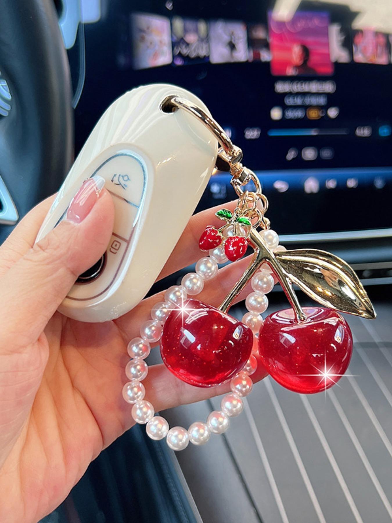 Women's Pearl Chain Sparkle Cherry Fashion Car Keychain, Creative Bag Decoration Charm, Stylish Key Ring Gift Choice, All Seasons, Keychain For Bags