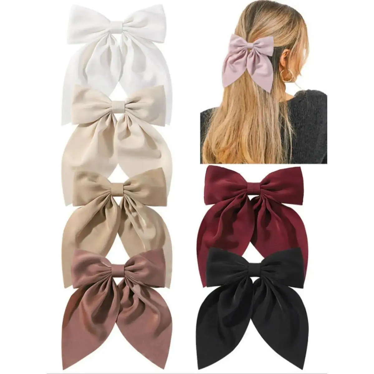 6pcs New Style Satin Elegant Pastel Bow Hair Clips, Plain Color Large All-Season Hair Accessories, Cute PU Fabric Headwear for Daily Wear, Bowknot Design, Double-Faced Satin Bow