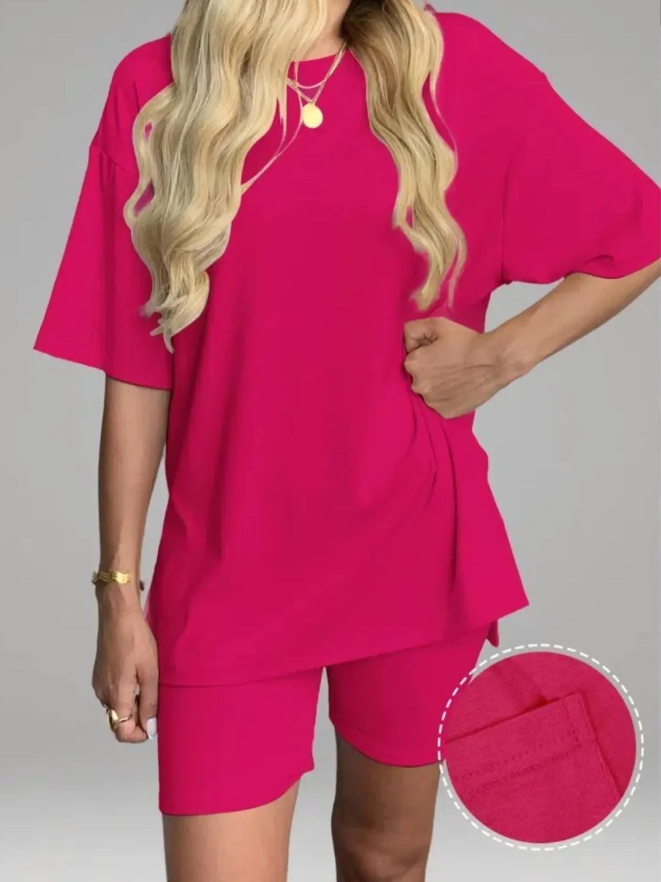 Women's Solid Color T-Shirt and Tight Shorts Set, Summer Comfort Round Neck Pajamas Loungewear, Nightwear, Pocket Design, Suitable for Outdoor Wear
