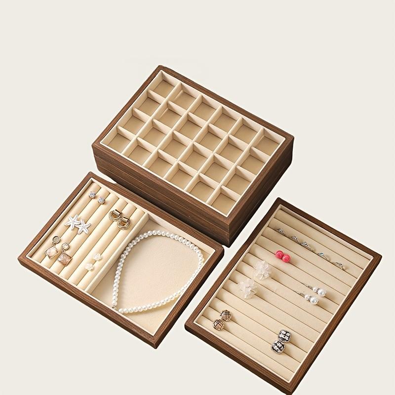 Walnut Wood Jewelry Storage Tray, Multi-Compartment Ring Earring Display, Large Capacity, Luxury Square Design, No Jewels Included