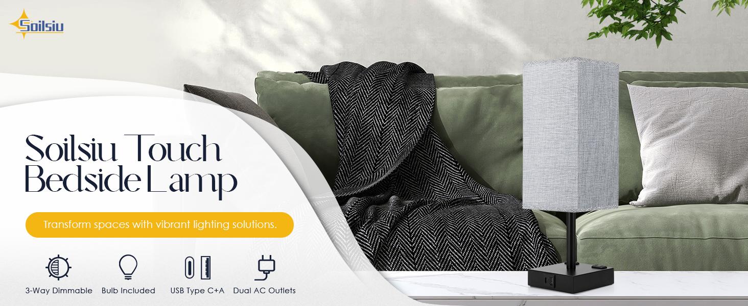 Bedside Lamp with USB Ports - Touch Control Table Lamp for Bedroom with USB C+A Charging Ports & AC Outlets, 3 Way Dimmable Nightstand Light for Living Room (LED Bulb Included)