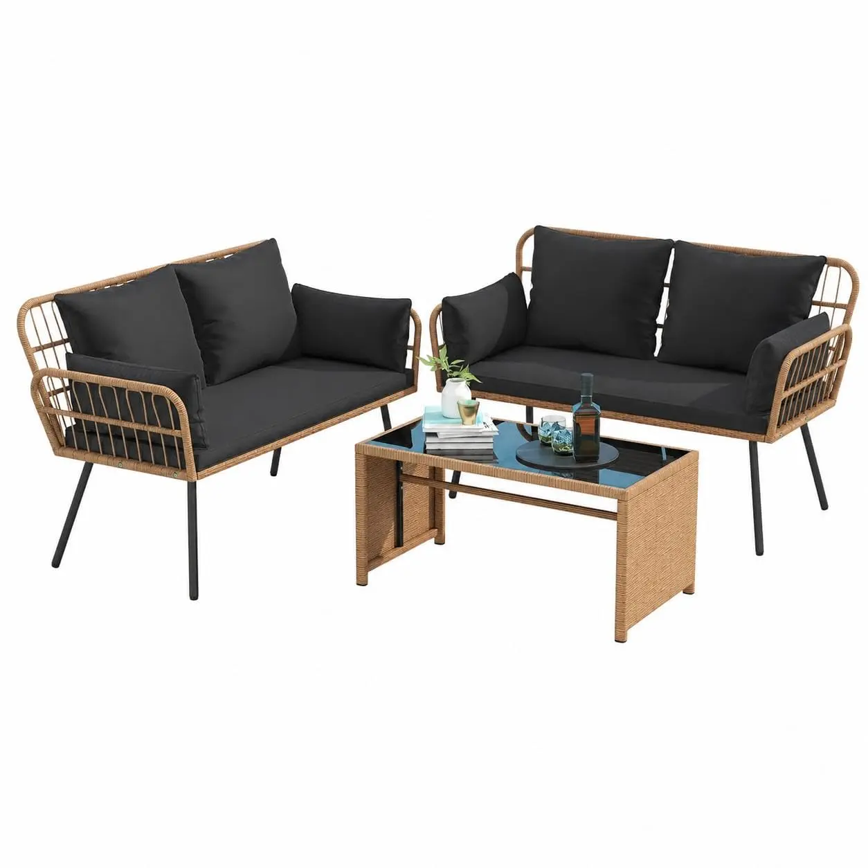 GARVEE 3-Piece Wicker Patio Furniture Set with Cushions, All-Weather Outdoor Rattan Conversation Set with 2 Loveseat & Tempered Glass Table for Garden, Backyard, Porch, Deck, Black
