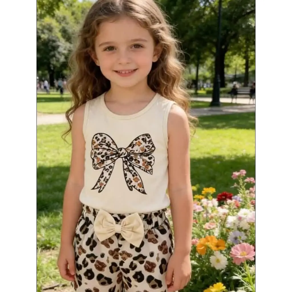 Girls Vest, Leopard Bow Pattern Print, Girls Casual Vest, Suitable for Daily Wear, Play, Girls Gift Casual Vest