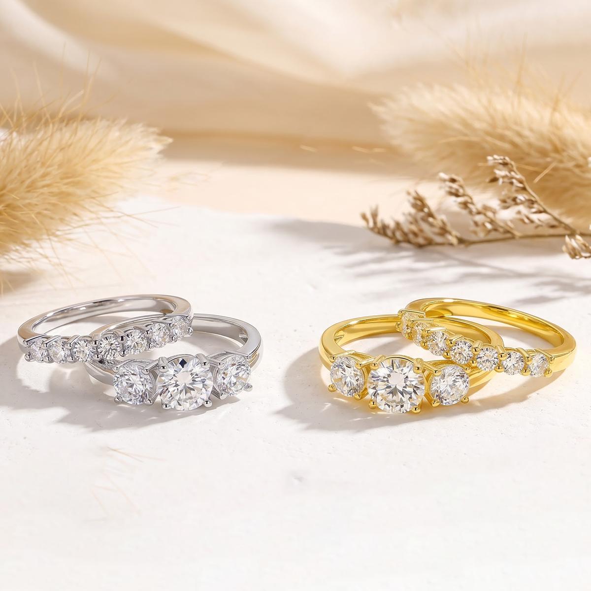 CENLEAR Female Stunning Ring Set - Women's 18K Gold-Plated Lab-Grown 2-Carat 3-Stone Stackable Fine Moissanite Wedding Rings Set for Engagement, Valentine's Day Gift