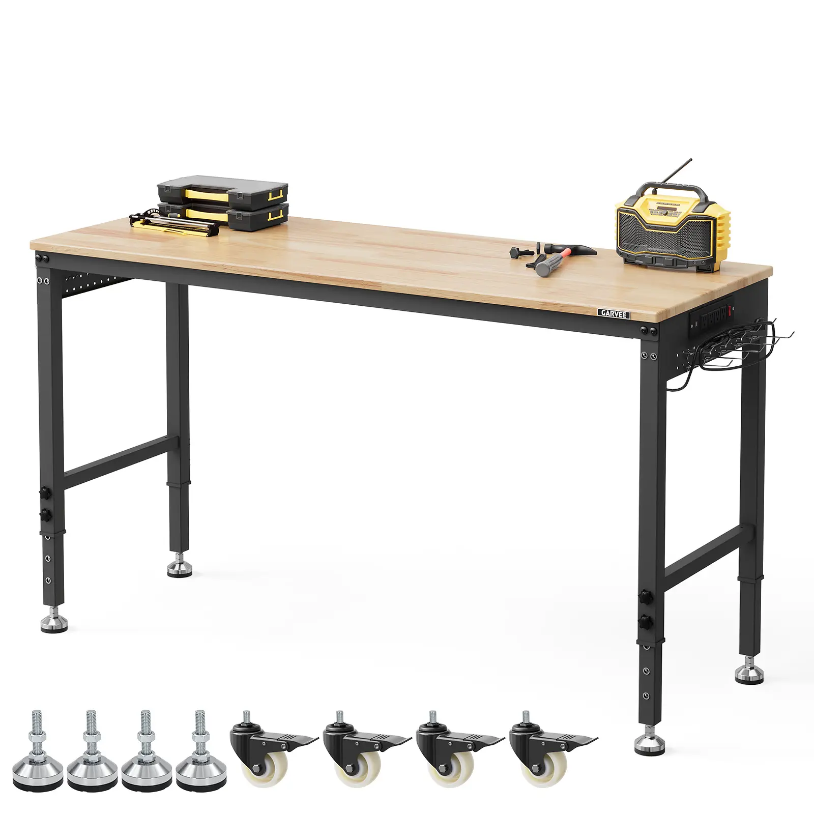 Workbench 60" x 22" Adjustable Height Worktable for Garage, Rubber Wood Top Workbench, Heavy Duty Workstation with Power Outlets & Wheels, 2000 Lbs Load Capacity, Hardwood Work Table