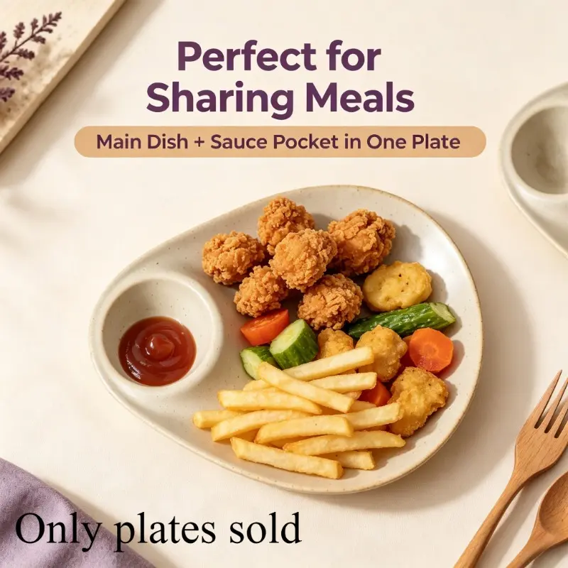 Handmade Speckled Ceramic Divided Plate with Built‑in Dip Bowl, Irregular Teardrop Shaped Serving Dish, Matte Textured Dinner Plate for Steak, Fries, Appetizers and Snack Serving, Serving Plates