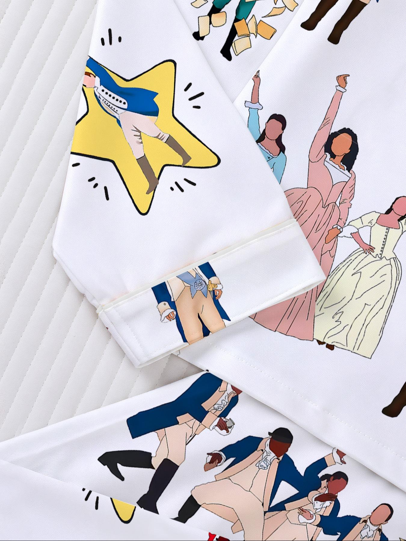 Hamilton Musical Print Women's Pajama Set, Long Sleeve Shirt Collar Button Soft Top & Elastic Pants, Casual Home Wear Loungewear