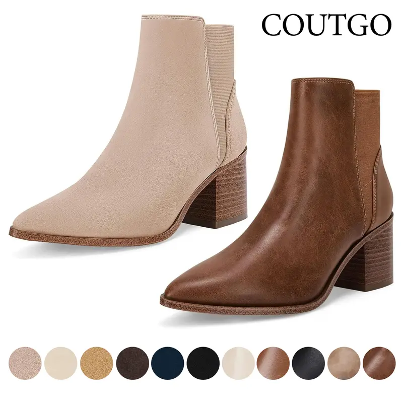 Coutgo Womens Pointed Toe Ankle Boots Elastic Chunky Block Stacked Mid Heel Slip On Chelsea Booties