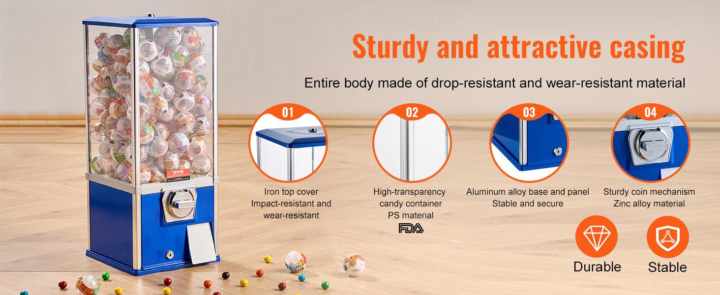 VEVOR Gumball Machine for Kids, 25 Height Home Vending Machine, PS Bouncy Balls Dispenser, Hold 230 Capsule Toys, Rectangle Bubble Gum Machine for Game Stores, Coin Operated Gumball Bank, Blue
