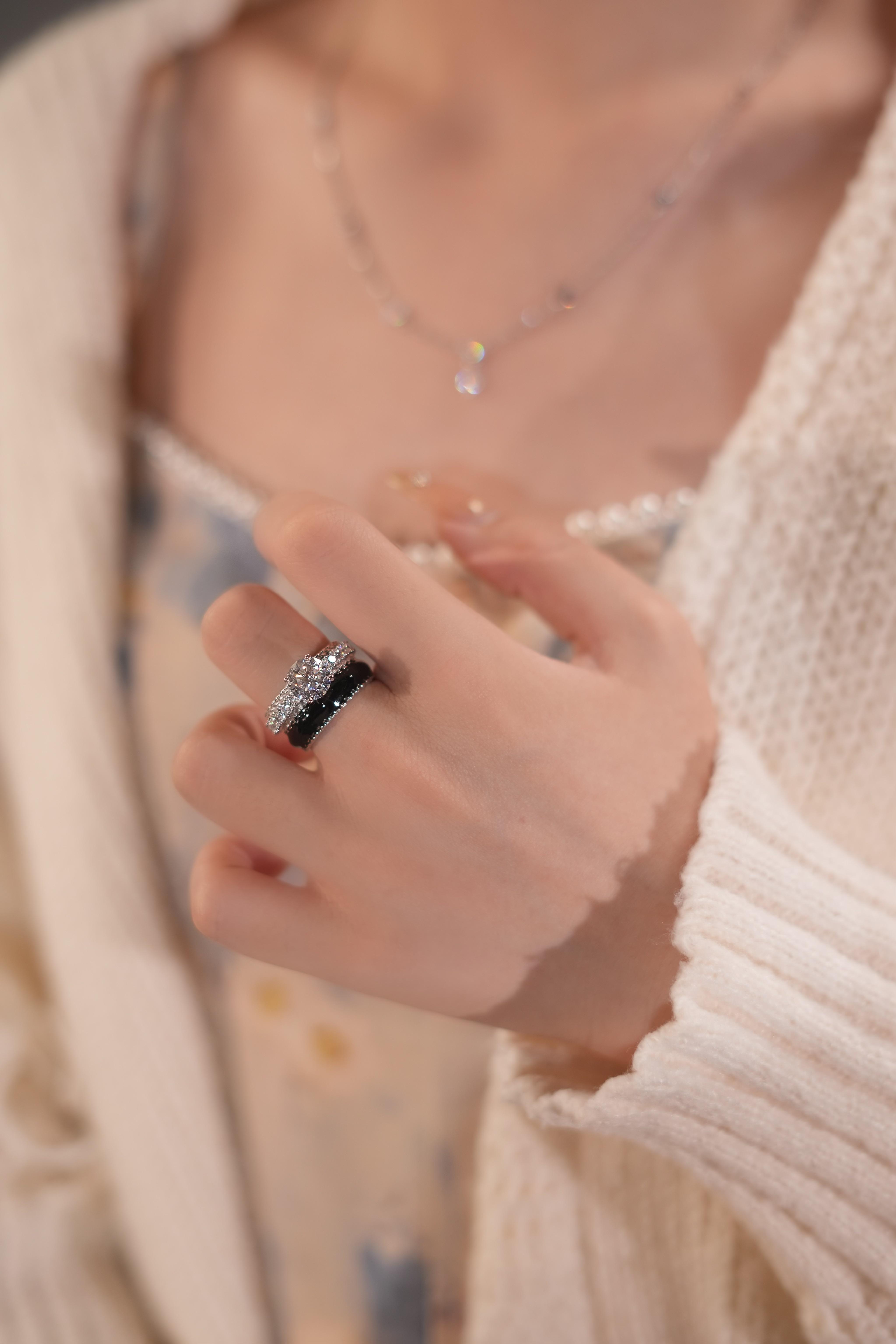 【#375 You&Me】2CT Black Ceramic Bridal Ring for Women Wedding Engagement Synthetic Moissanite Rings in 925 Sterling Silver