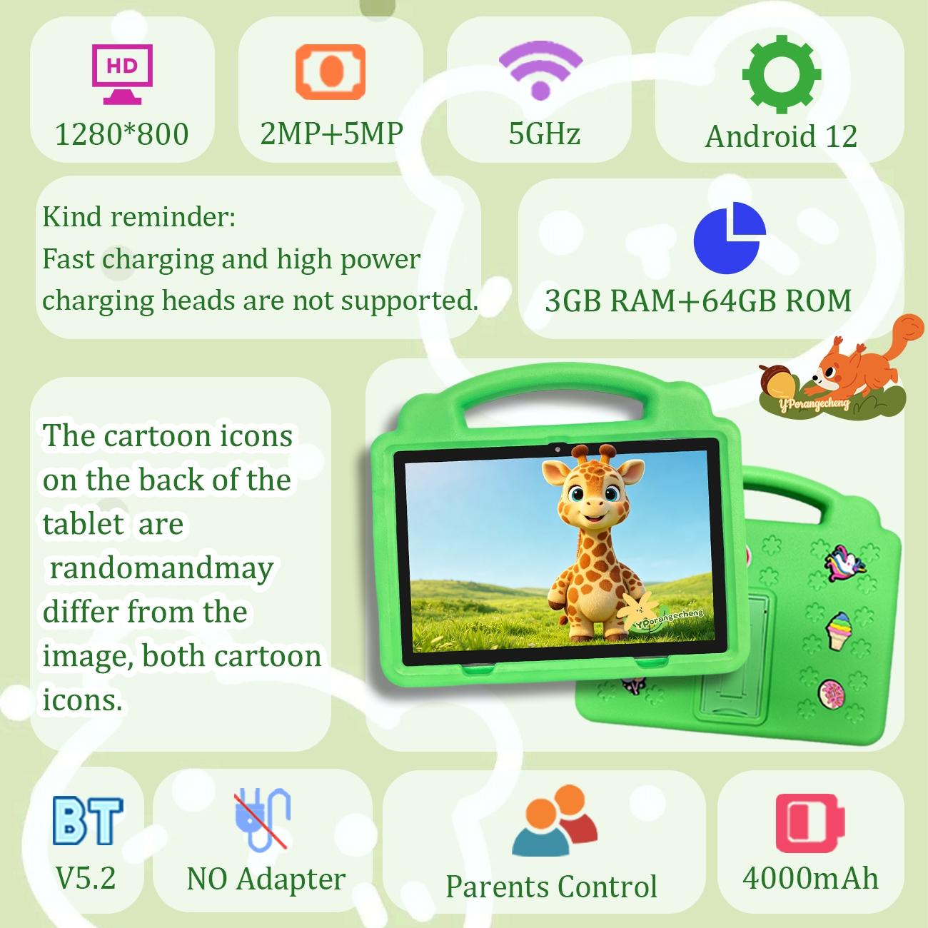 Summer New 10.1" Kids Student Tablet Set, 5G+WiFi, HD Screen, Dual Cameras & Shockproof Case, Multi-use for Office, Study, Education & Entertainment, Unisex Ideal Gift for Easter, Halloween, Christmas & Birthday, Blue/Pink/Orange/Green,No Adapter