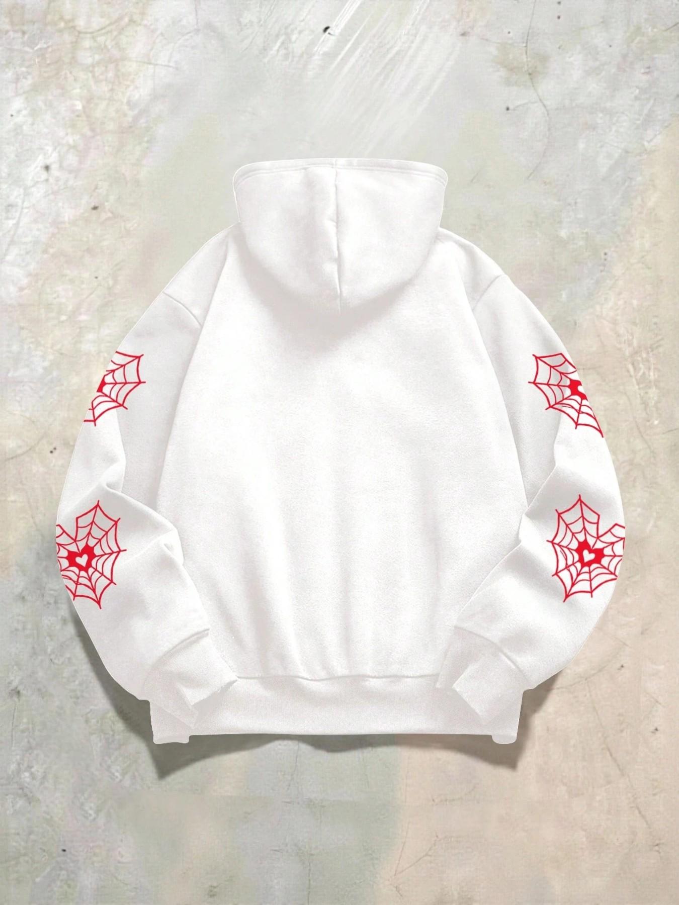 Unisex Street Style Spider Web Print Hoodie, Fitted Casual Versatile Sweatshirt for Daily Wear, Perfect for Holiday