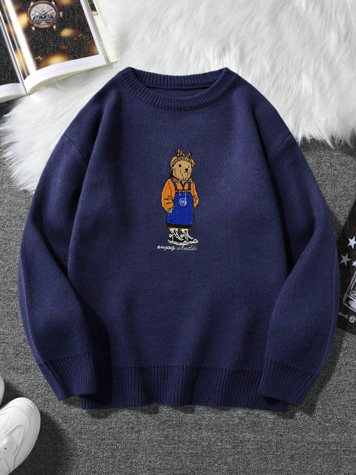 Unisex Cartoon Bear Print Crew Neck Sweater Crewneck, Casual Loose Long Sleeve Jumper For Fall & Winter, Fashion Ladies' Knitwear For Daily Wear