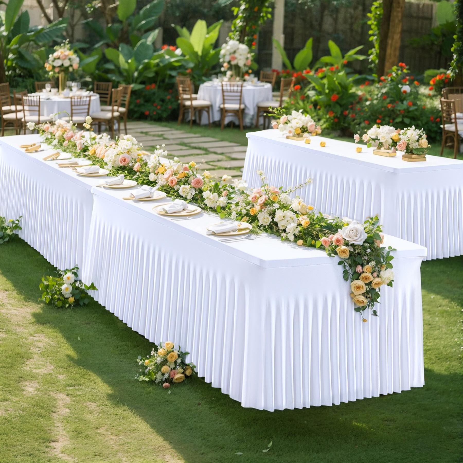 Stretch Tablecloth with Skirt, 4/6/8ft for Rectangle Table, Wrinkle Resistant & Washable, Perfect for Party, Wedding, Outdoor & Holiday Gifts