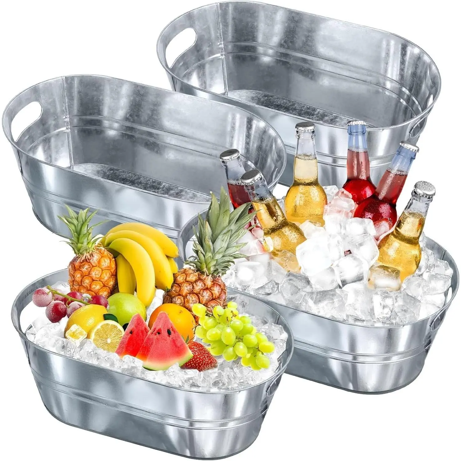 4 Pcs 4 Gallon Galvanized Tub, Silver Ice Buckets For Parties Large Metal Drink Buckets Beverage Tubs Drink Tin Bins With Carry Handles,for Beer Wine Champagne