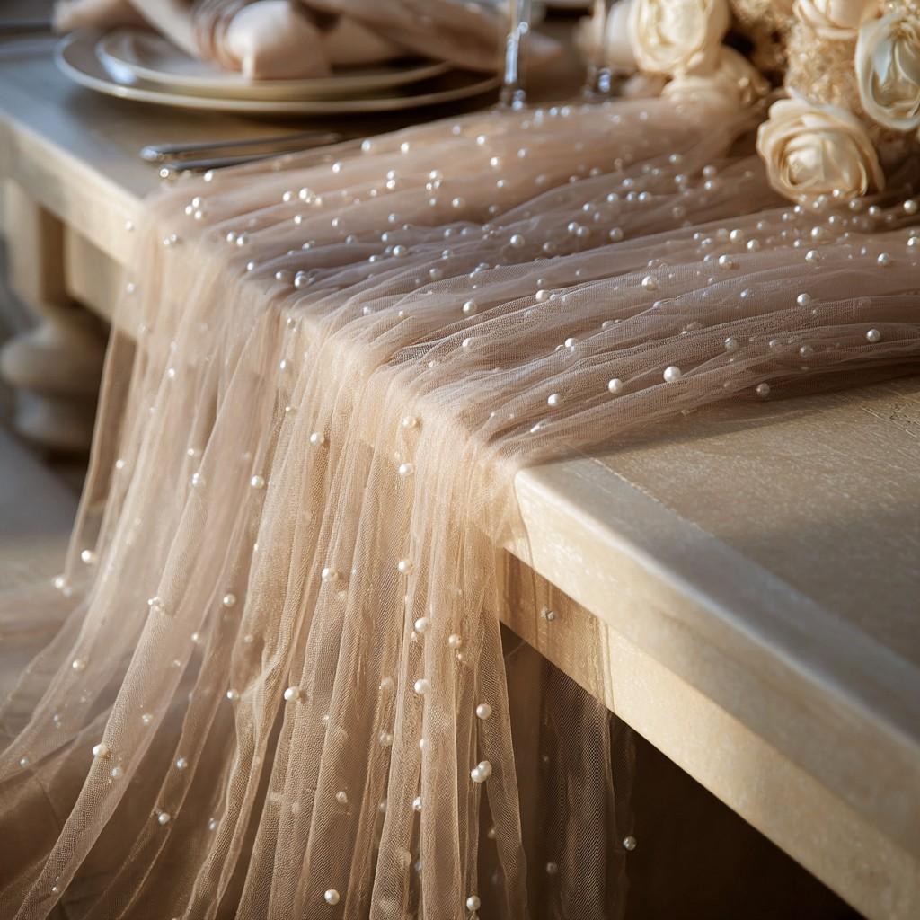 A 1/2/3-piece set of champagne-colored pearl tulle table runners, Sheer, suitable for romantic wedding venues and holiday party decorations.Adorn tables, arches, chair backs, and bridal veils, perfect for Valentine's Day and spring outdoor weddings
