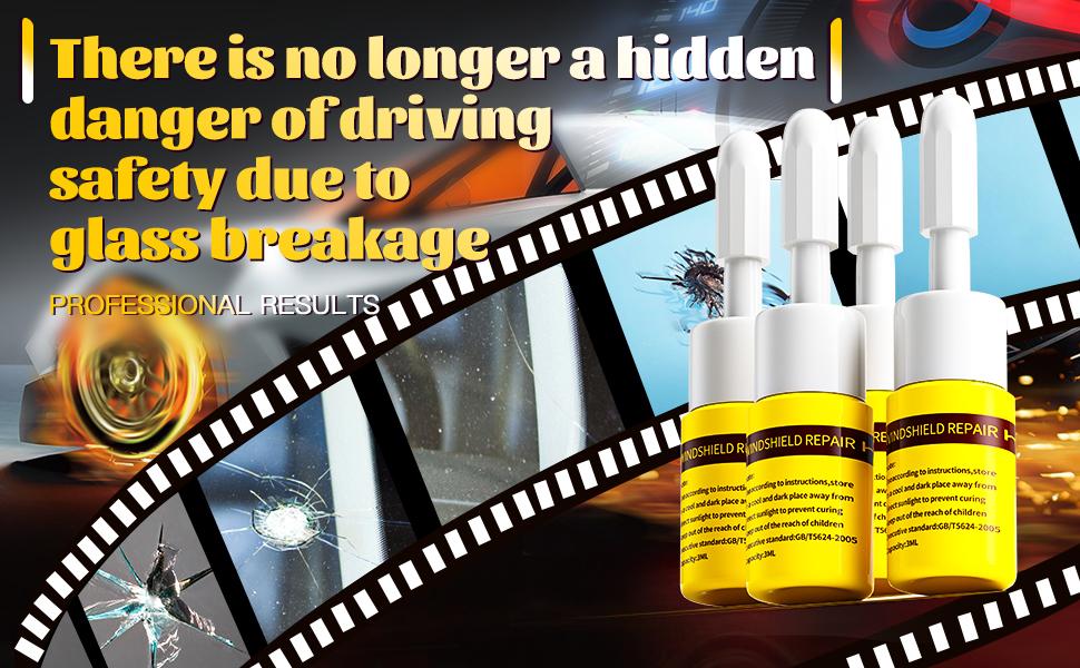 Windshield Crack Repair Kit, Windshield Repair Kit for Chips and Cracks, 4 Pcs Car Glass Repair Kit, Cracks Gone Glass Repair Kit Automotive Quick Fix for Chips, Cracks, Bullseyes (Yellow)