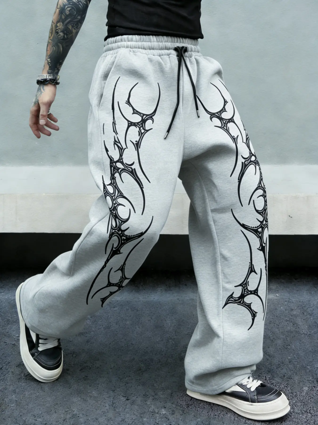 Men's Y2K Dark Aesthetic Graphic Thorn Print Wide Leg Pants, Loose