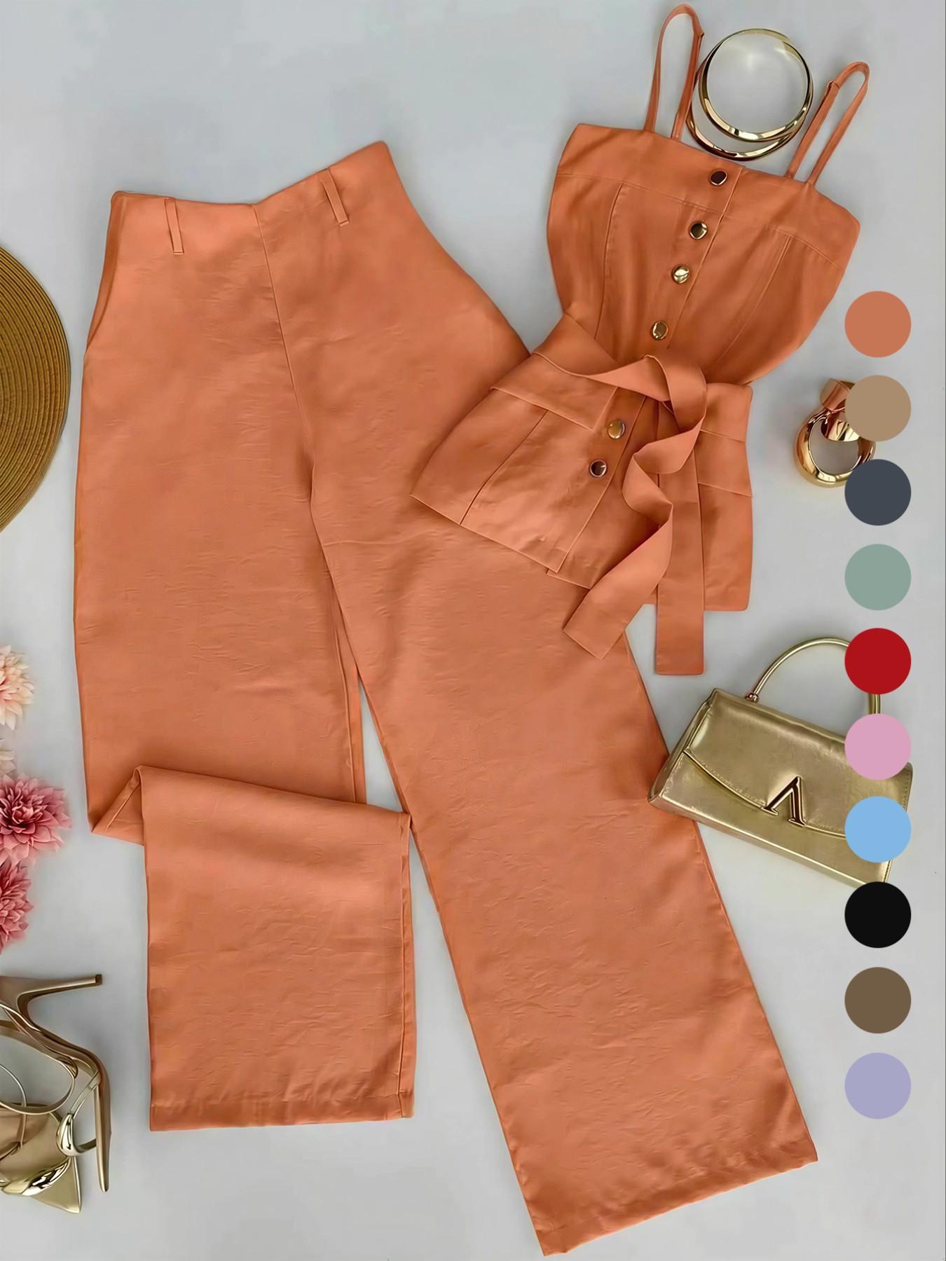 New Women's Solid Color Strappy Top & Long Pants Two-Piece Set, Versatile Casual Wear, Comfortable and Stylish, Perfect for Daily Use