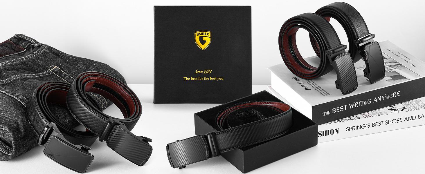 GSOIAX Men's Leather Belt – Easy Release Ratchet Buckle, Adjustable, Dress & Casual Gift for Men