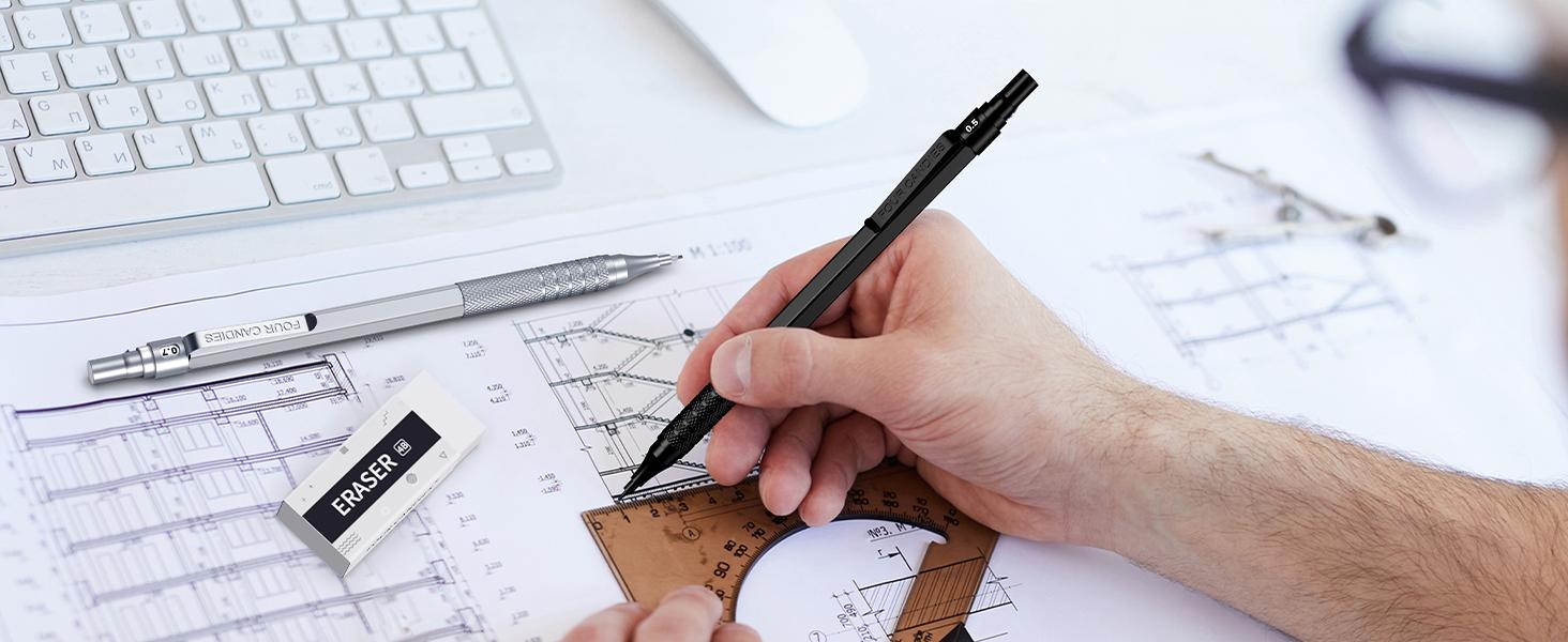 Weighted Pencil !!!Four Candies  Metal Mechanical Pencils Set with Case, For Writing Drafting, Drawing, Sketching, 0.5mm & 0.7 mm Artist Pencil with 8 Tubes  HB Lead Refills, 3 Erasers,9 Eraser Refills, Suitable for School and Office art Creation.