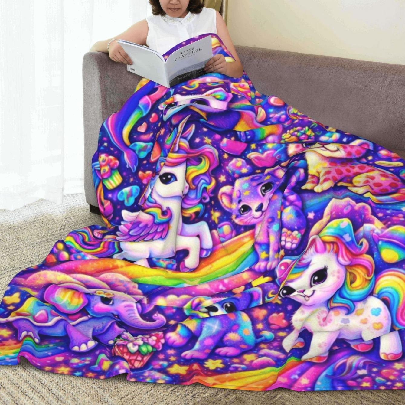 Polyester Full-Print Magic Animals Flannel Throw Blanket - Cute Rainbow Unicorn, Elephant, Puppy, Leopard Designs, Soft Lightweight Warm, Multi-Use for Sofa/Bed, Indoors/Outdoors, Gift for Kawaii Aesthetic Lovers