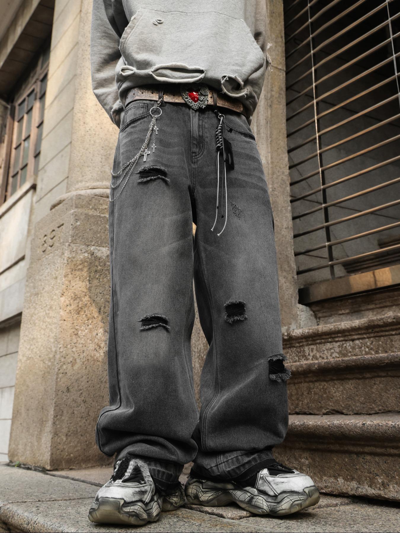 Men's Washed Loose Fit Jeans, Distressed Straight Leg Denim Jeans, Y2K Vintage Street Style, All Seasons, Perfect Gift for Boyfriend/husband, Streetwear