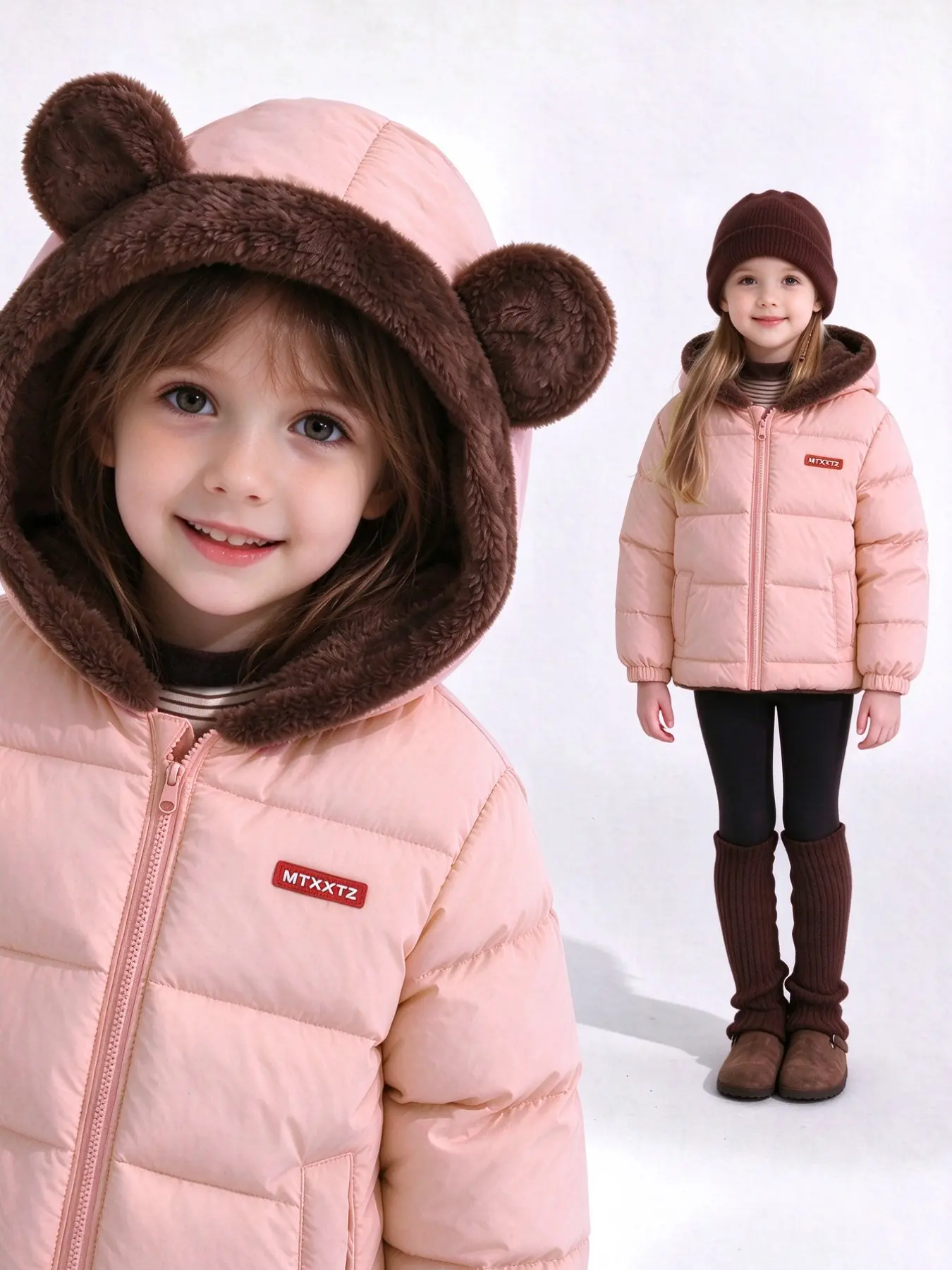 Reversible Kids Winter Puffer Coat, Hooded Zip‑Up Jacket With Bear Ears, Thick Warm Outerwear With Pockets, Cute Fall Winter Outfit for Girls, Toddler Puffer Jacket