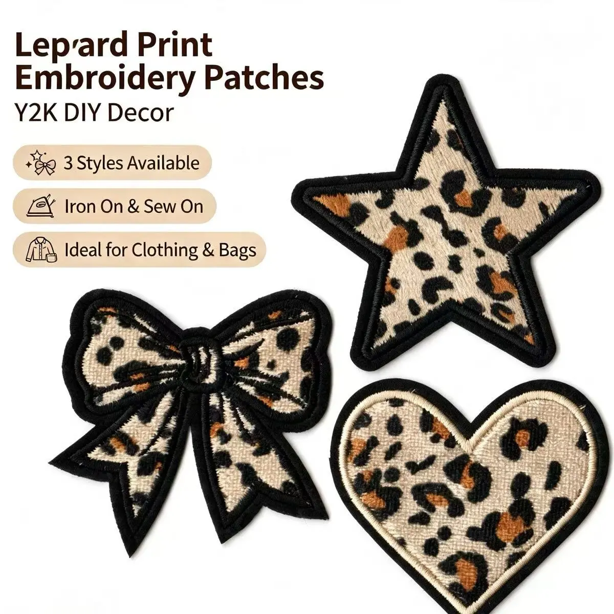 9/18 pcs leopard print heart, pentagram, bow designs iron-on fabric patches — DIY embroidery patches, sewable iron-on heart patches, suitable for clothing, jackets, hats, backpacks, jeans, and decorative badges