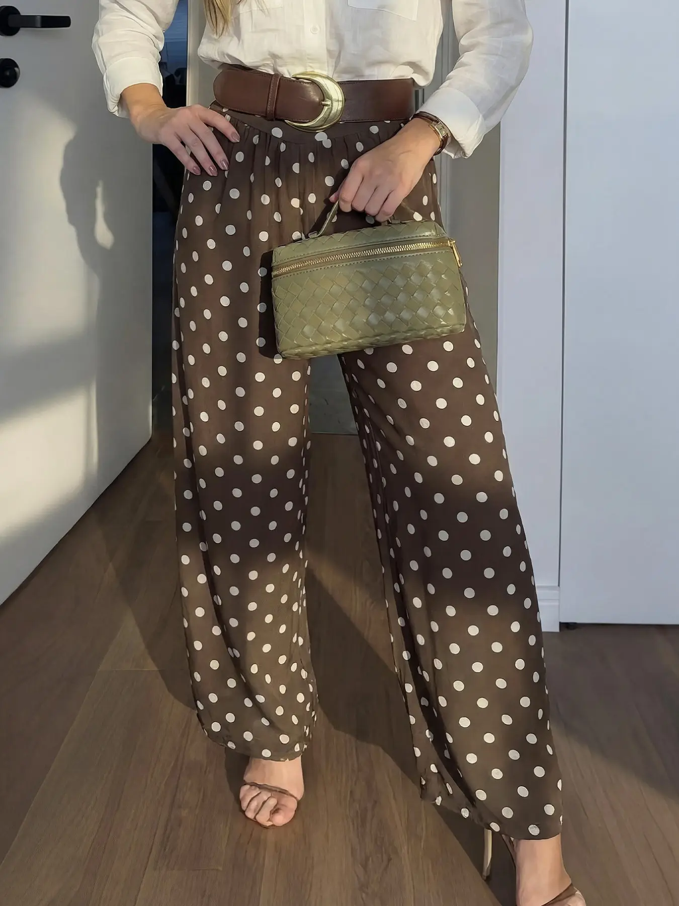 Elegant Vintage Polka Dot Transparent Wide Leg Pants, High Waist Cuffed Design, Fashionable for Office and Daily Wear