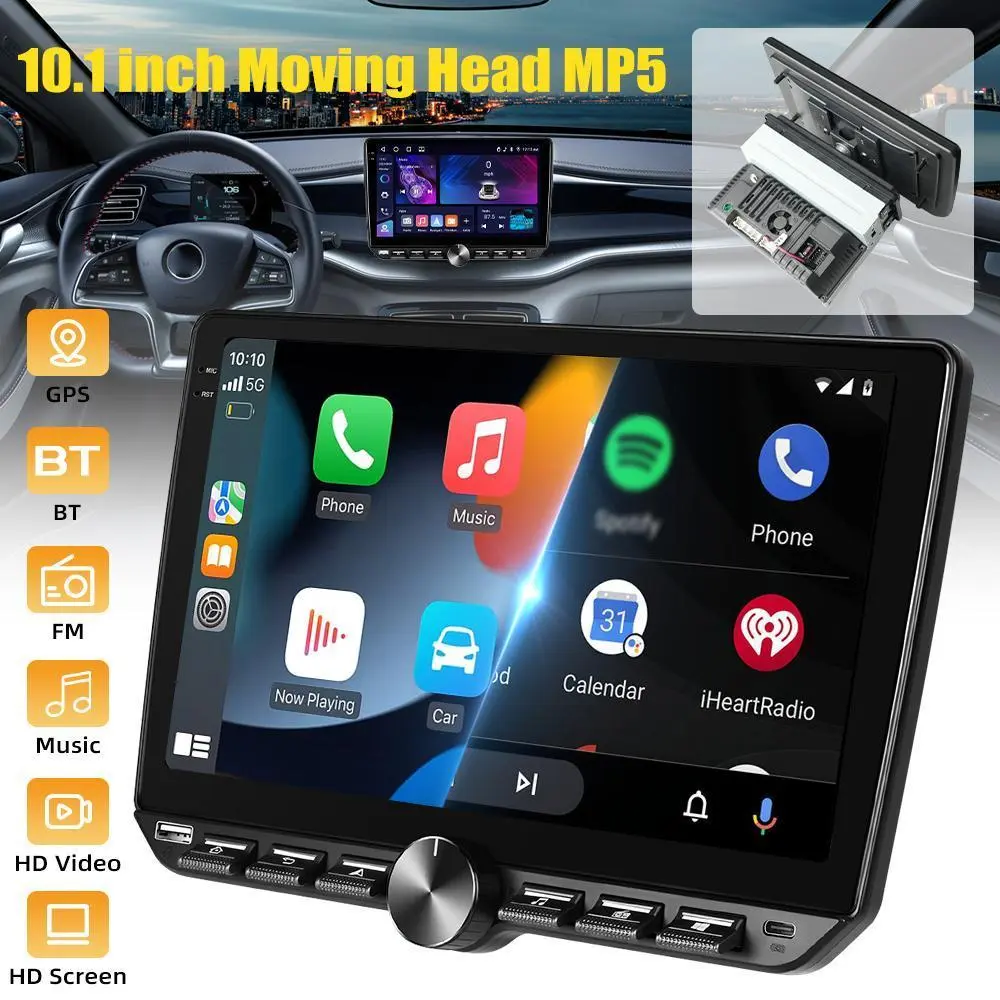 【BackToSchool】10.1-Inch Rotatable Touchscreen CarPlay MP5 Player Car Stereo - Wireless CarPlay, Android Auto, Android 15 (4GB+64GB), Bluetooth 5.0, FM/RDS, 6 RCA Output, Knob Control for In-Car Entertainment Upgrade