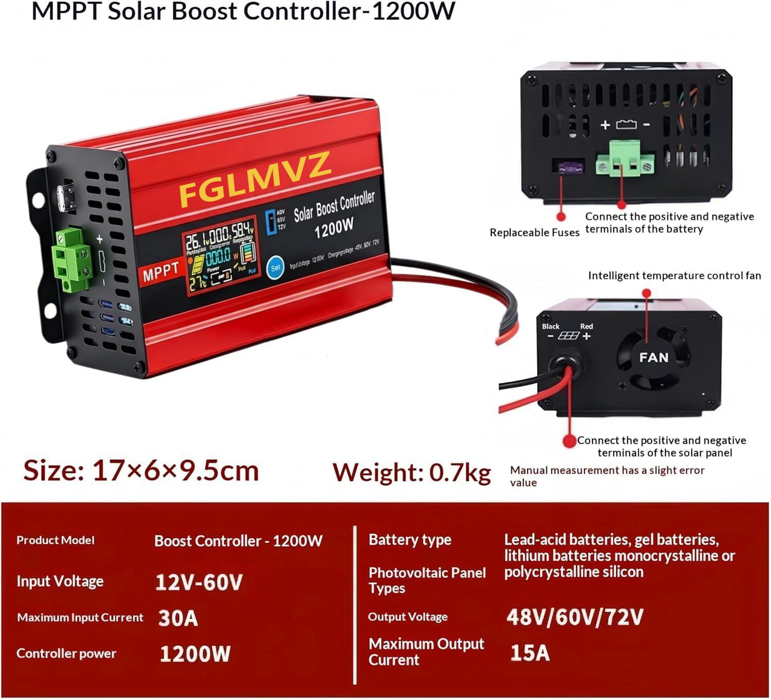 1200W Boost MPPT Solar Charge Controller - 12-60V Wide Voltage Input, 30A with LCD, 15A Max Output for LiFePO4/Lithium/Lead Acid Batteries, Solar Powered Charger for Golf Carts, Motorhome PV Systems 1200W Boost MPPT Solar Charge Controller - 12-60V Wide Voltage Input, 30A with LCD, 15A Max Output for LiFePO4/Lithium/Lead Acid Batteries, Solar Powered Charger for Golf Carts, Motorhome PV Systems