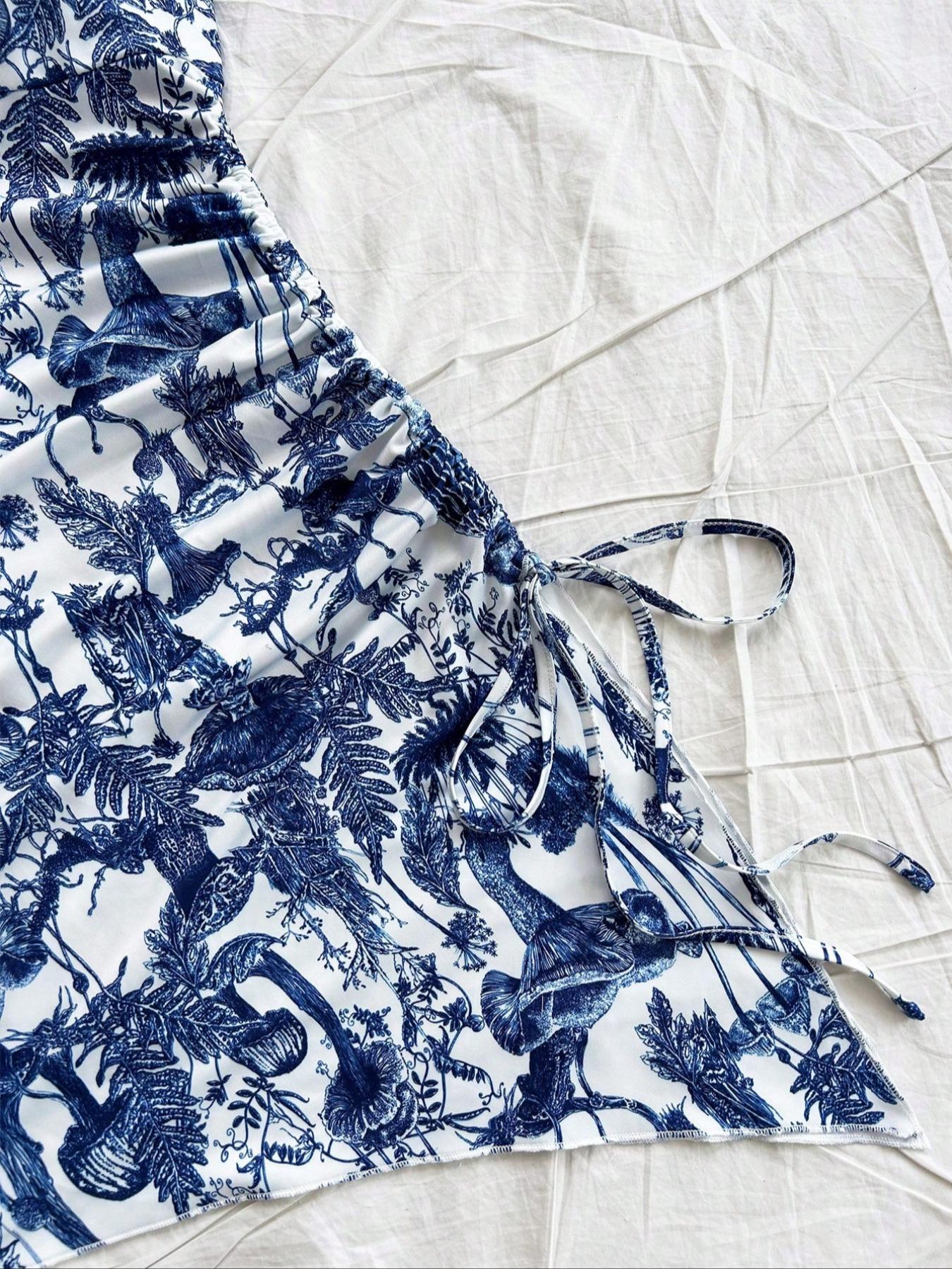 Women's All Over Print Ruched Drawstring One-piece Swimsuit, Casual Fashion Backless Tie Front Halter Swimwear for Beach Holiday Vacation, Ladies Swimsuit for All Seasons