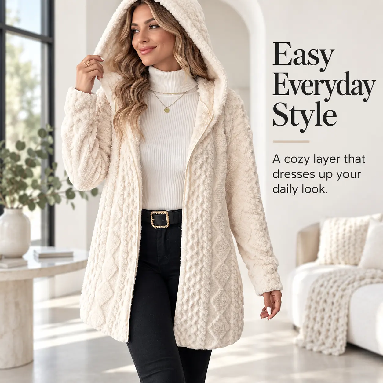 Women’s Fuzzy Sherpa Hooded Cardigan, Soft Plush Fleece Open Front Coat, Long Sleeve Mid-Length Relaxed Fit Jacket, Cozy Fall Winter Outerwear, Warm Teddy Jacket for Women, Casual Daily Wear, Travel, Weekend, Office & Layering