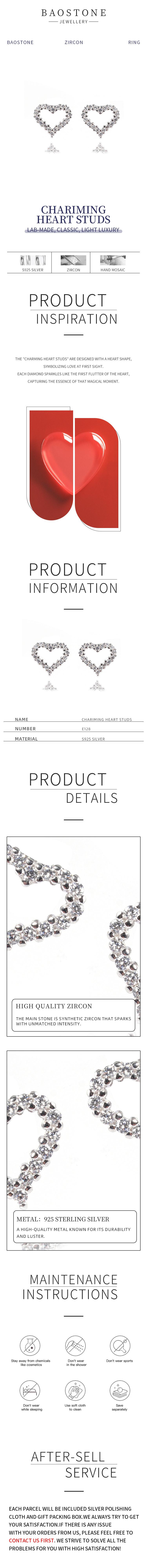 BAOSTONE Lab Created Artificial Gemstone 925 Silver Earrings-CHARIMING HEART STUDS-#E128