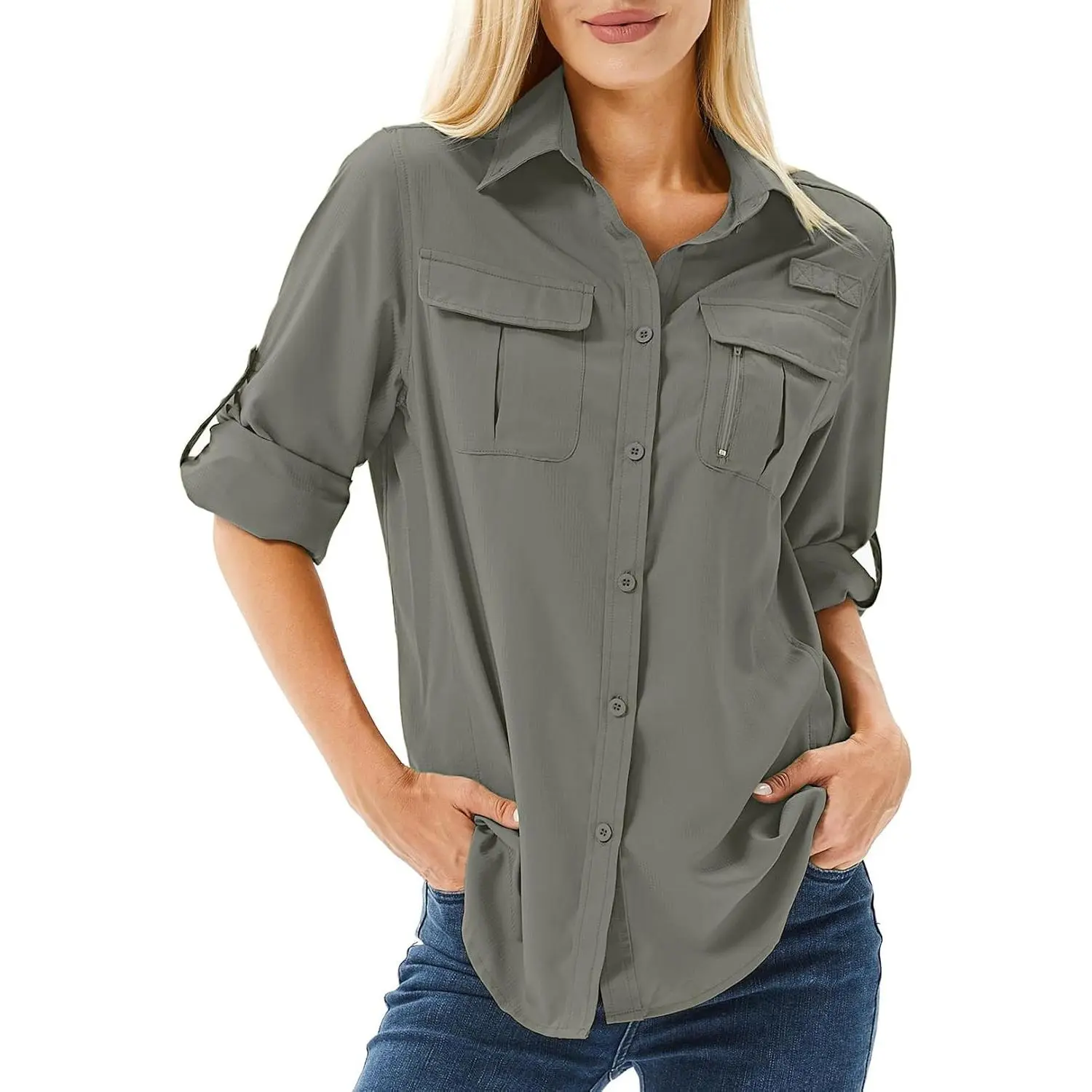 Women's UPF 50 Long Sleeve Sun Protection Safari Fish Hiking Shirts SPF Safari Clothes for Women,Quick dry Breathable Button Up,Vented Back,Chest Pockets,Glasses Loop,Fishing,Camping,Travel