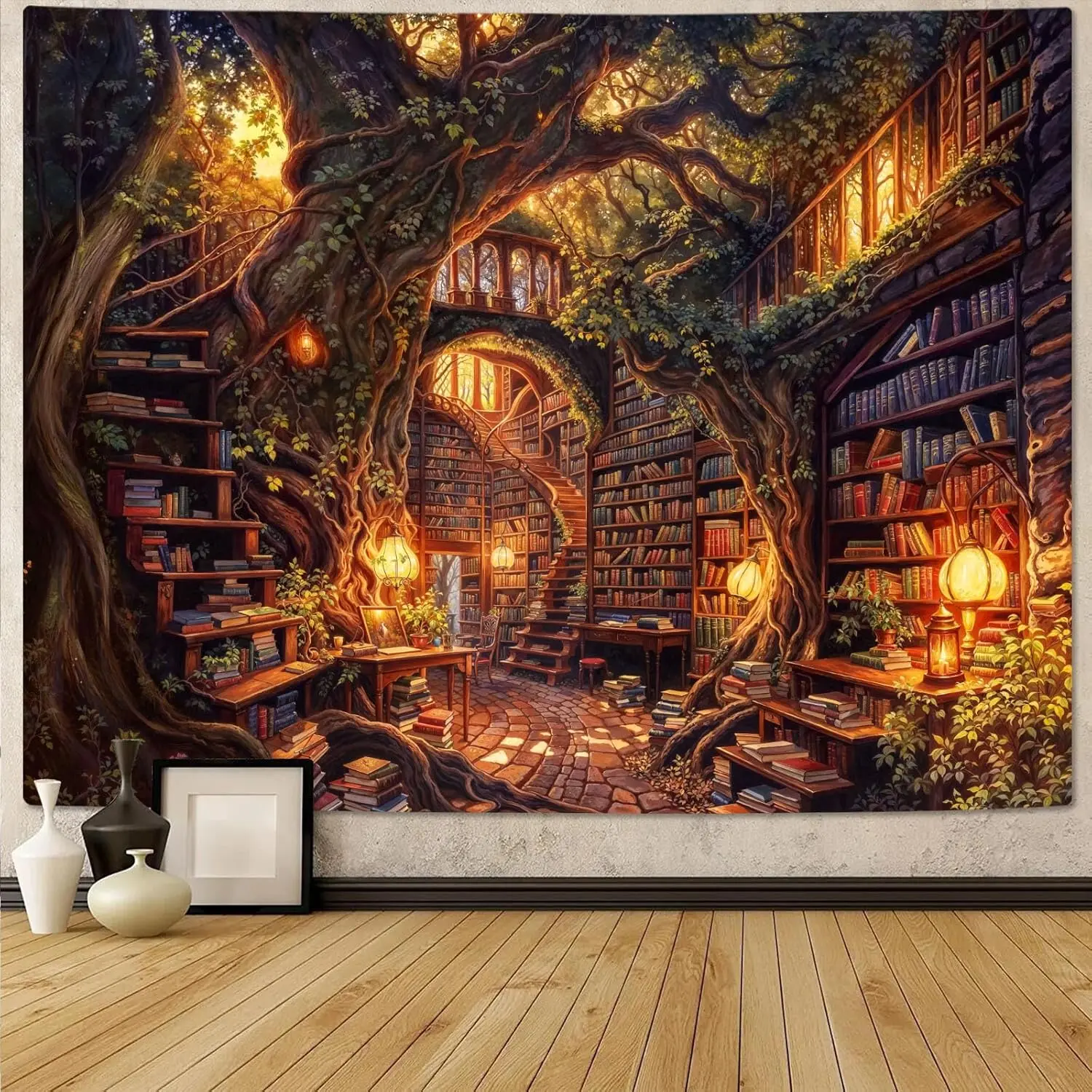 Enchanting Forest Scene Fabric Tapestry - Detailed Artwork Hanging, Dark Academia Rectangular Home Decor, Ideal for Bedroom, Gift for Book Lovers