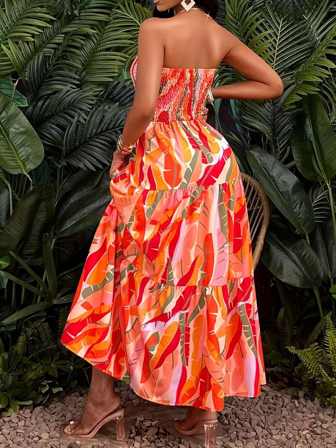 A women's orange-red color-block tropical floral print strapless tube long fashionable dress, suitable for summer, island vacations, tropical trips, and summer parties.