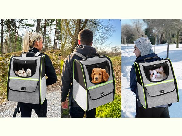 Pecute trapezoidal cat backpack, comfortable travel, well-ventilated, available in black and grey.