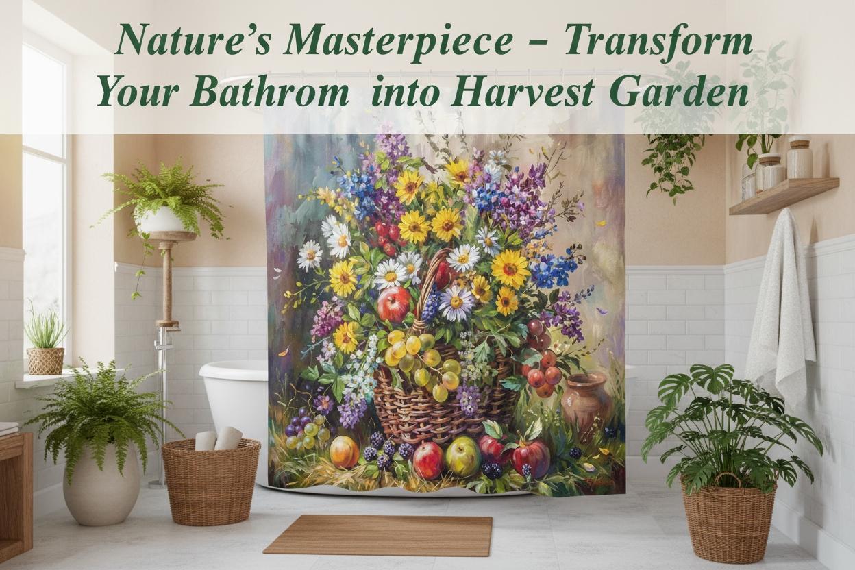 Vintage Oil Painting Style Flower Basket Bath Curtain, European Classical Artistic Bathroom Decor, Soft Polyester Material, Home Hotel Use