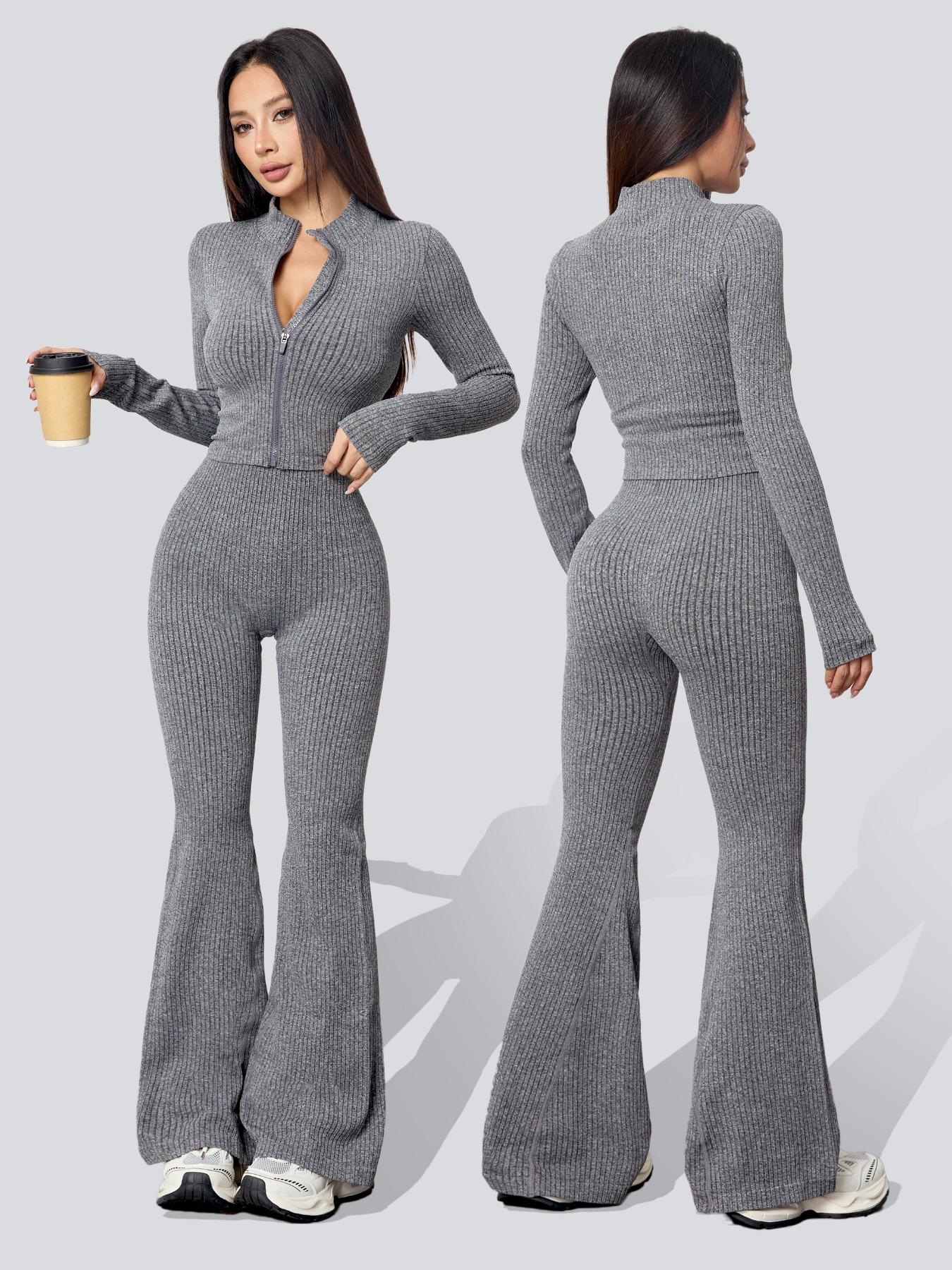 Women's Two-Piece Set, Fall & Winter Knit Ribbed Zipper Jacket, High Waist Butt-Lifting Flare Pants, Casual Yoga Running Gym Wear, Sweatsuit Sets